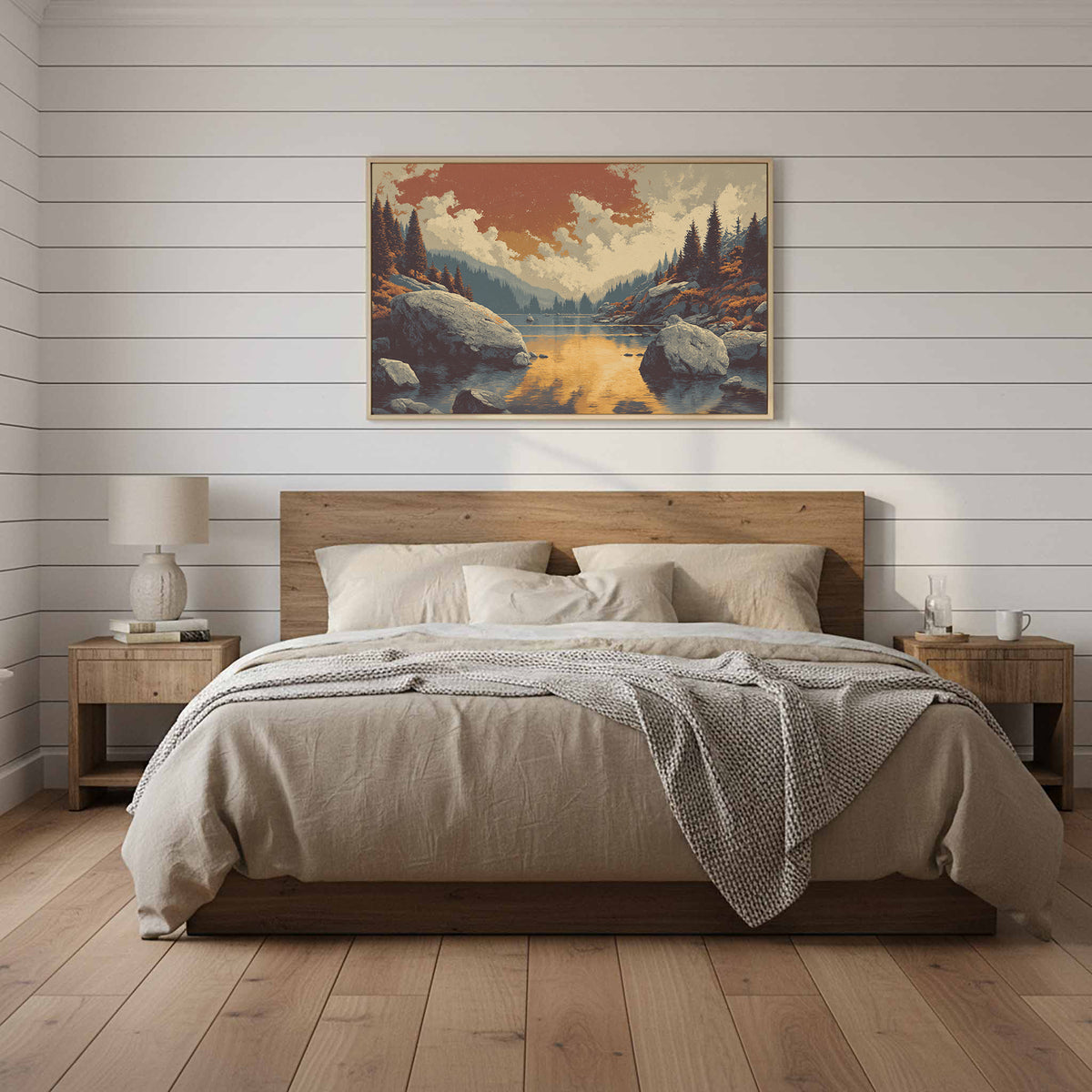 Mountain Lake Sunset Canvas Print – styled room view 12