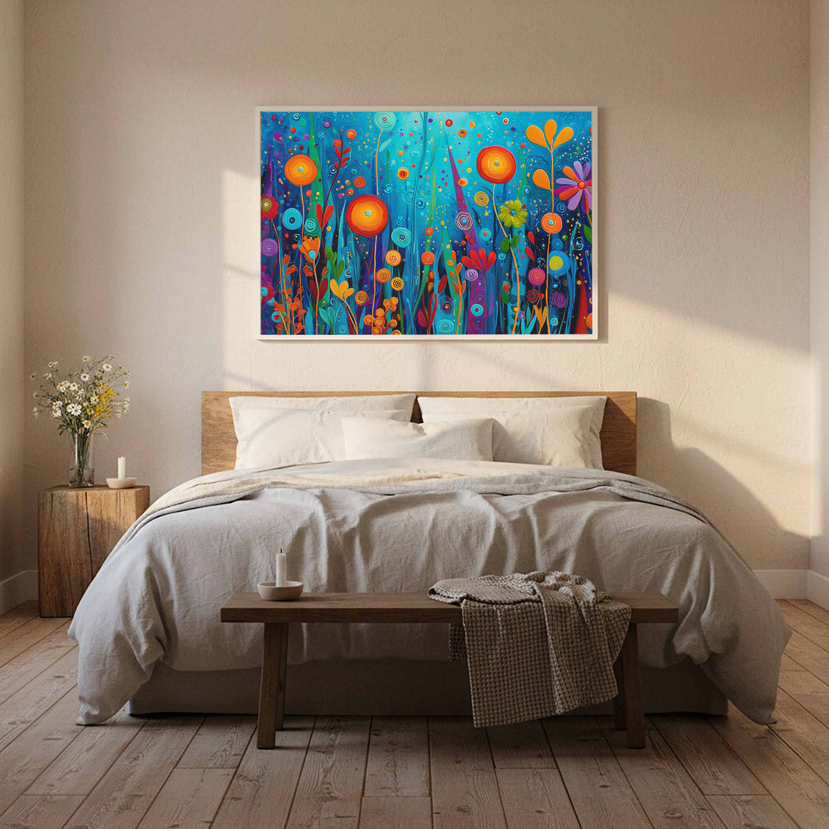 Colorful Abstract Garden Canvas Art – styled room view 11