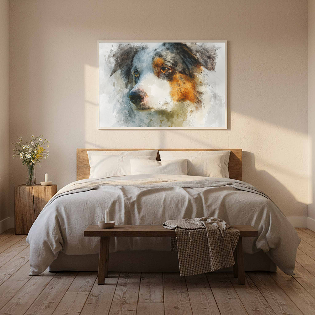 Australian Shepherd Portrait Wall Art – styled room view 10