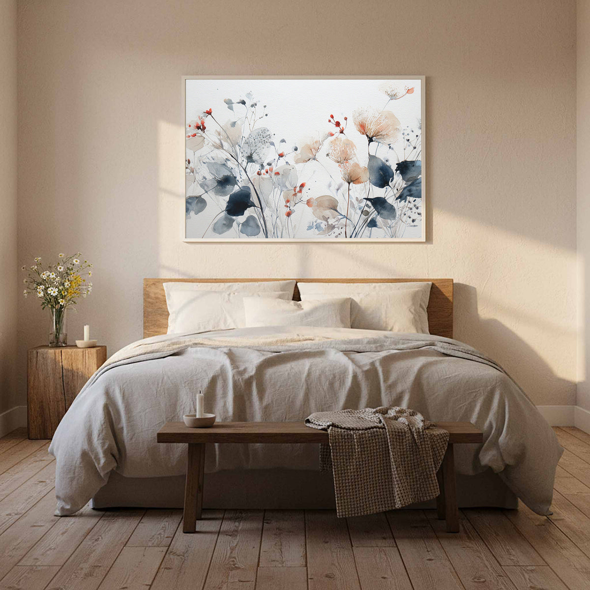 Abstract Watercolor Floral Wall Art – styled room view 11