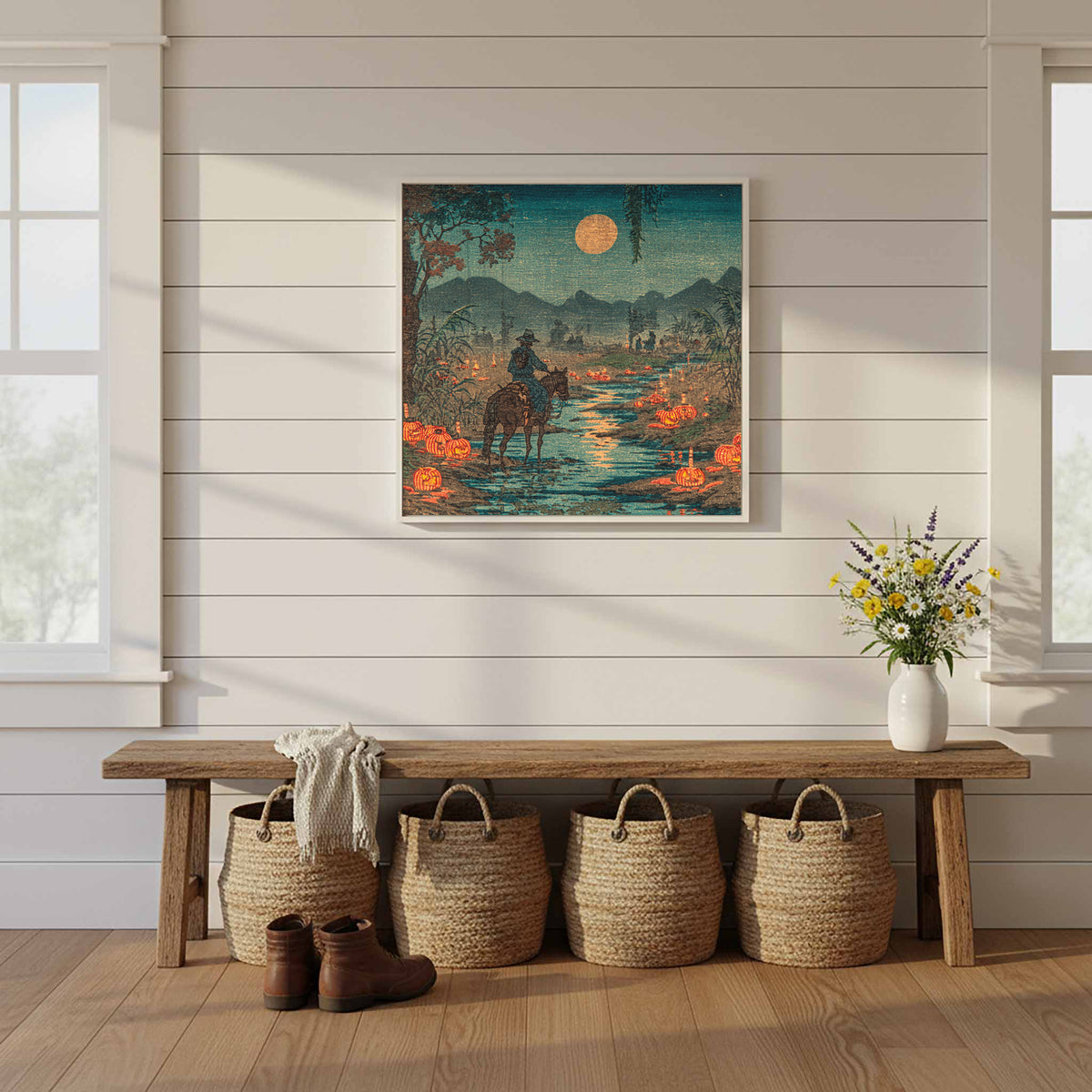 Cowboy Horse River Crossing Japanese Woodblock Print Wall Art – styled room view 10