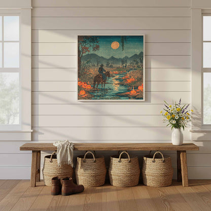 Cowboy Horse River Crossing Japanese Woodblock Print Wall Art – styled room view 10