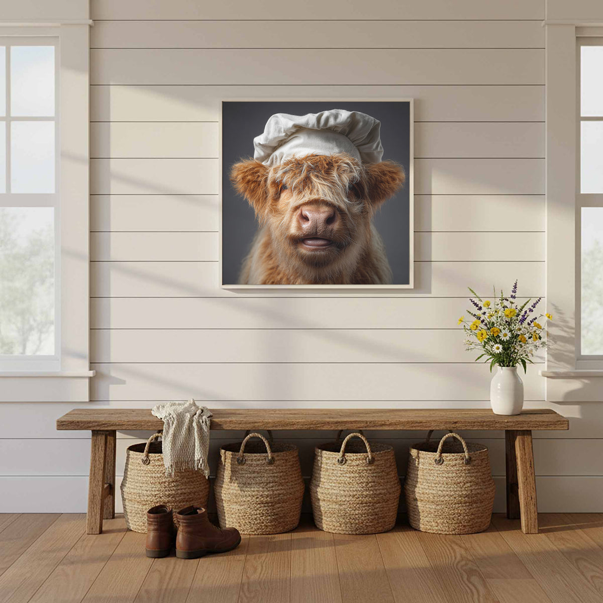 Highland Cow Chef Canvas Print – styled room view 11