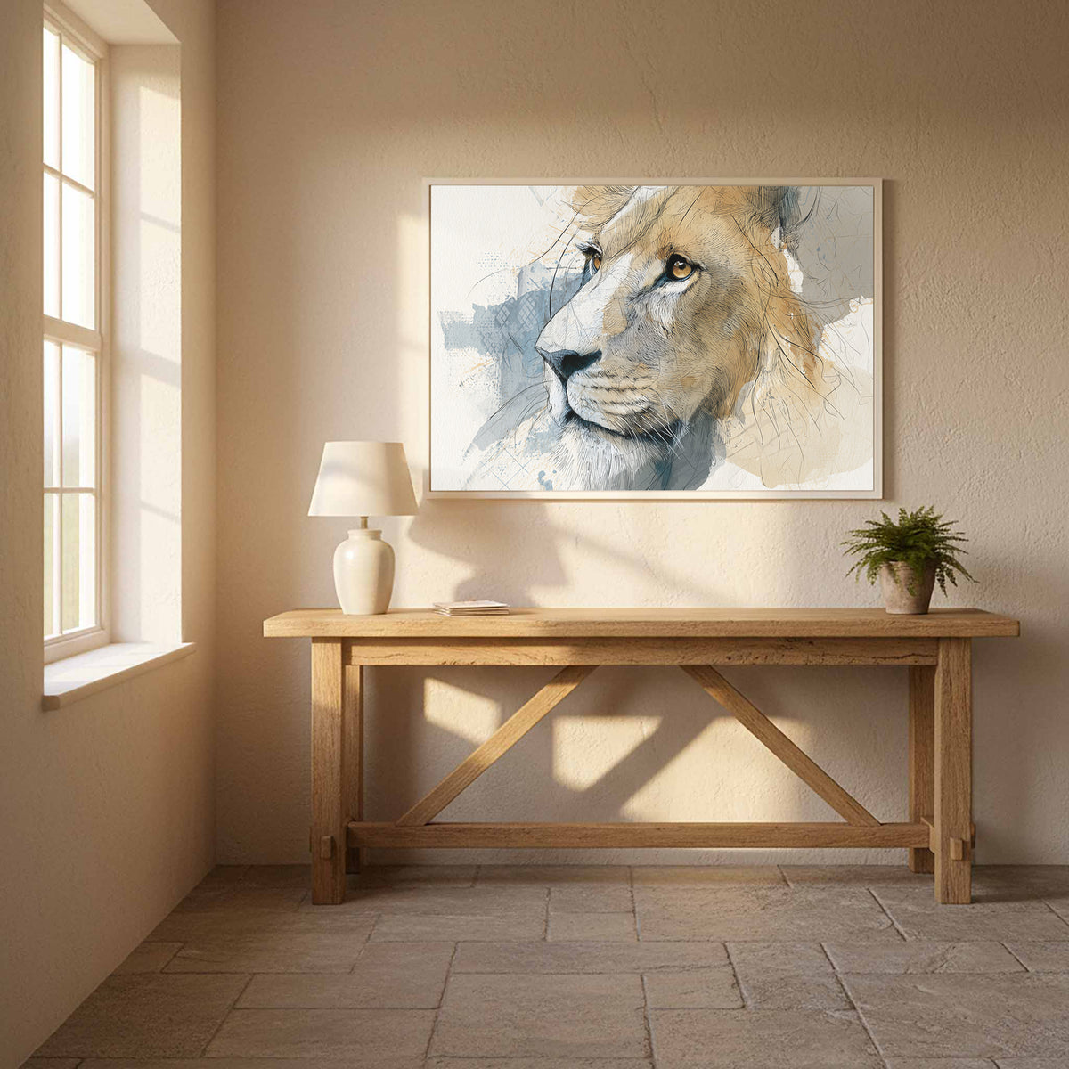 Lion Portrait Canvas Wall Art – styled room view 9
