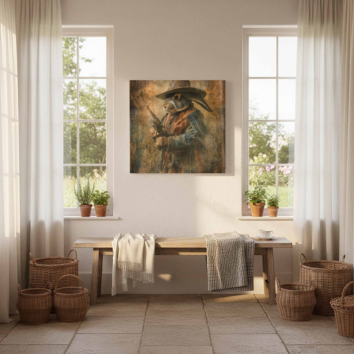 Western Cowboy Rabbit Canvas Wall Art – styled room view 11