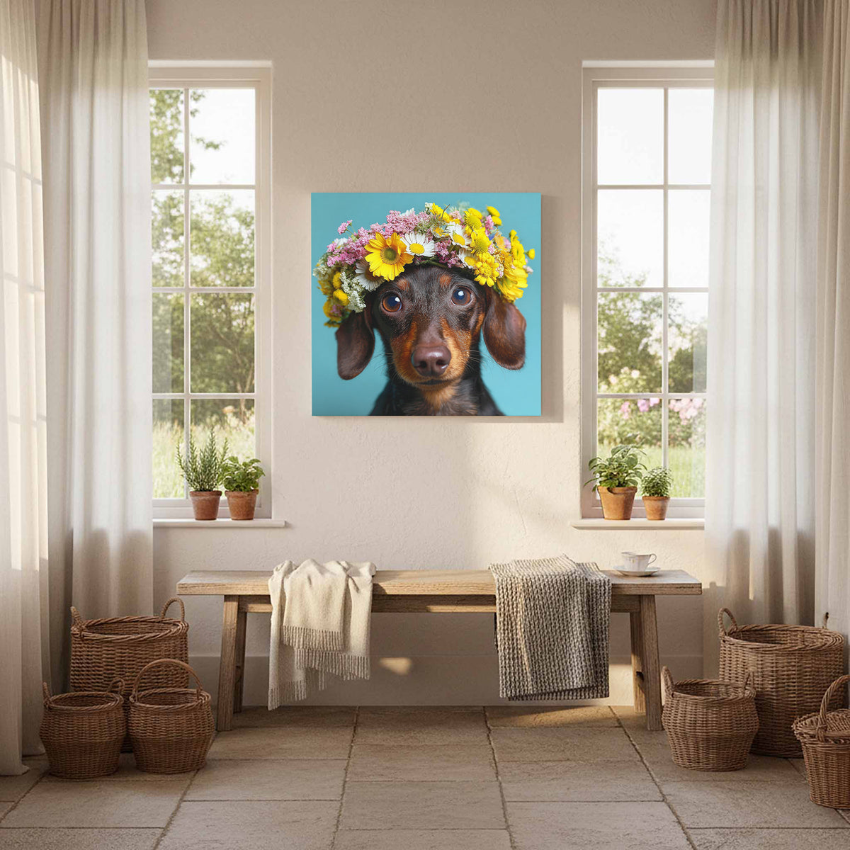 Dachshund Flower Crown Canvas Print – styled room view 11