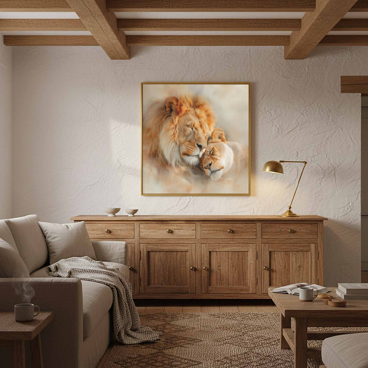 Lion Couple Canvas Art – styled room view 12