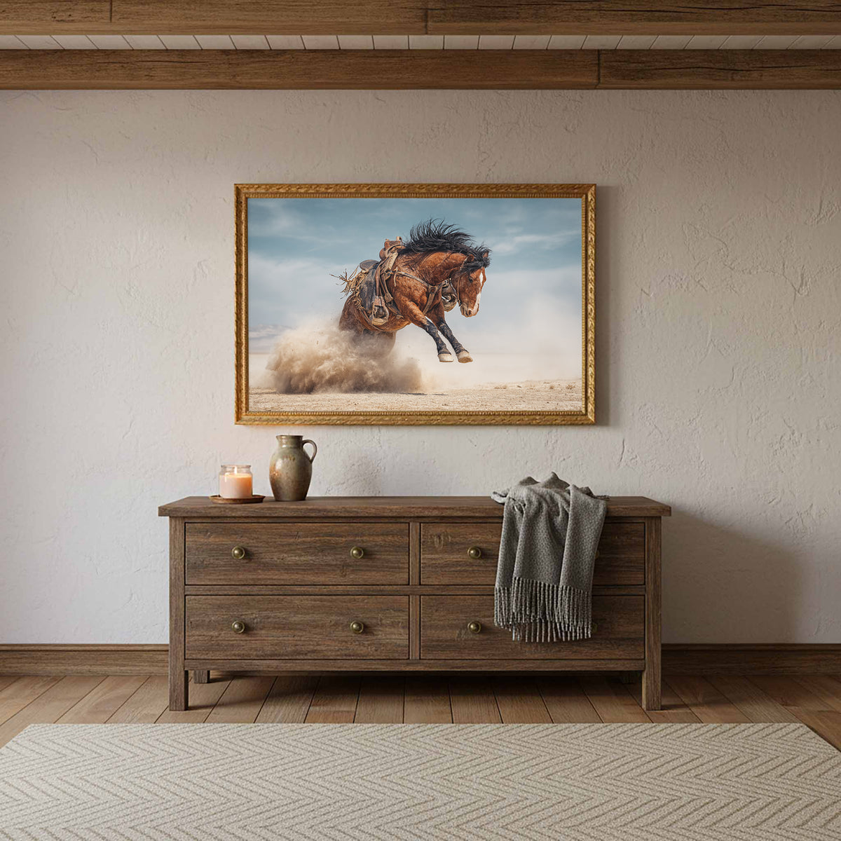 Western Bucking Horse Canvas Art – styled room view 12