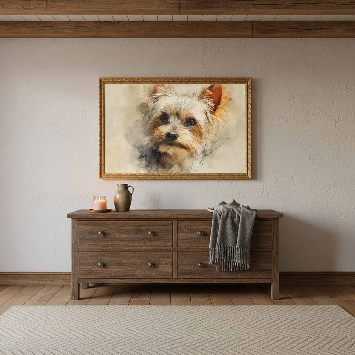 Yorkshire Terrier Watercolor Canvas Print – styled room view 10