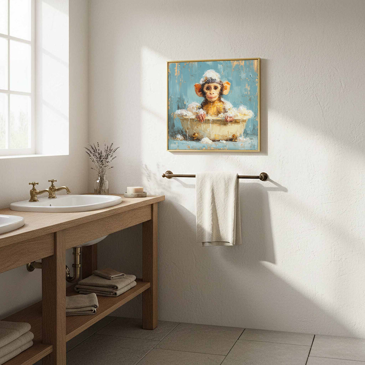 Young Monkey Bathtub Print – styled room view 11