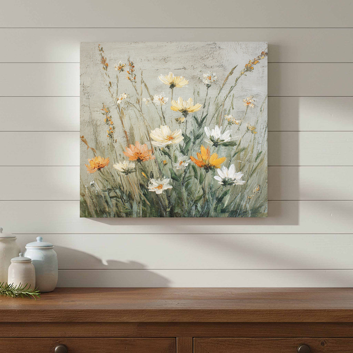 Vintage Wildflower Oil Painting Canvas Art – styled room view 11
