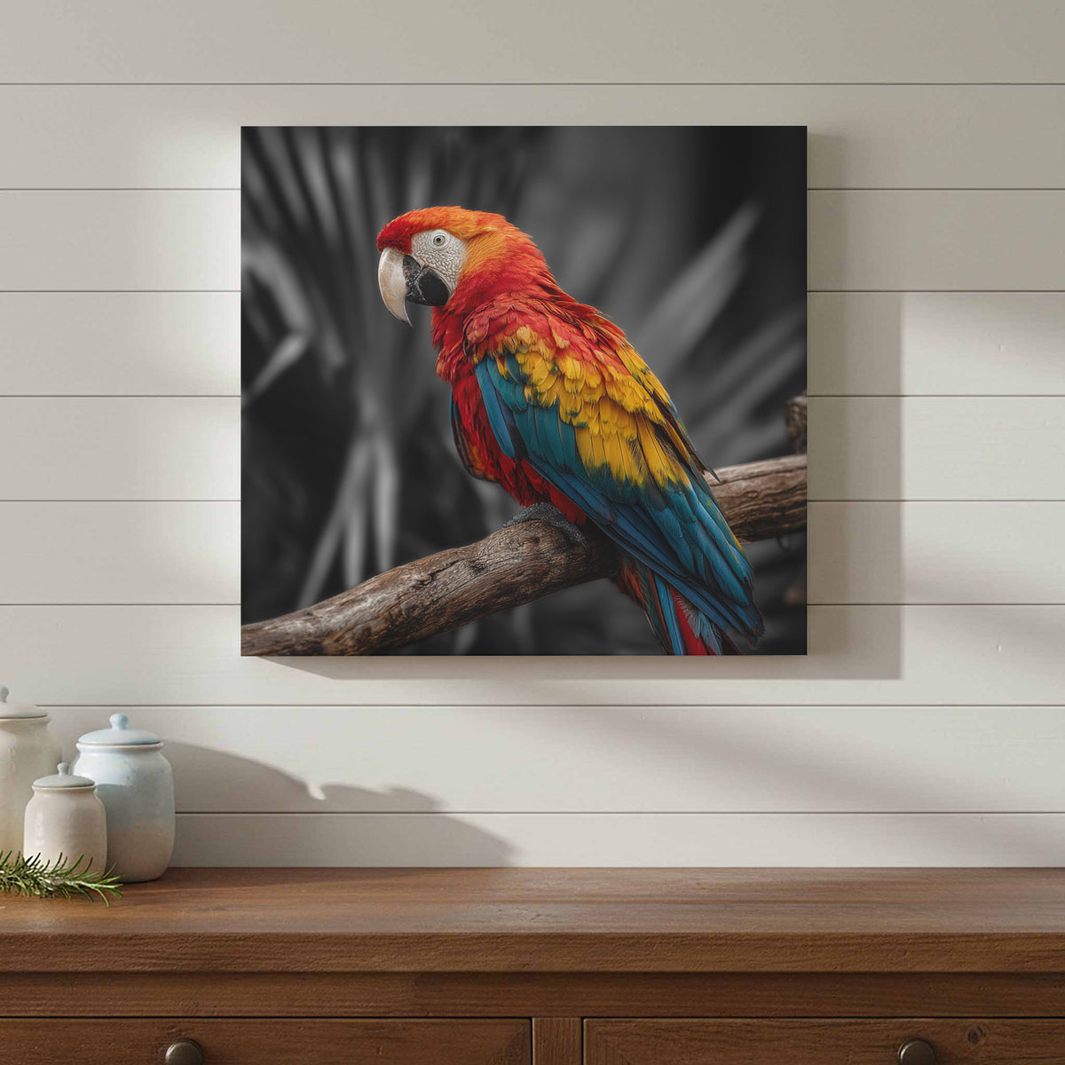 Scarlet Macaw Parrot Canvas Wall Art – styled room view 12