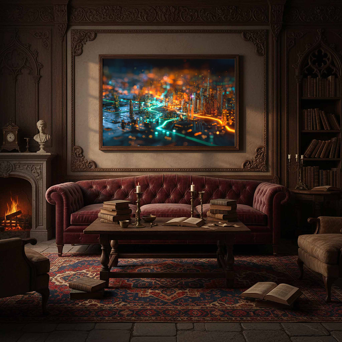 Cyberpunk Circuit Board Canvas Print – styled room view 11