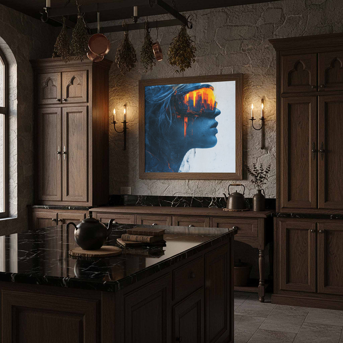 Futuristic Woman Portrait Canvas – styled room view 10