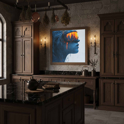 Futuristic Woman Portrait Canvas – styled room view 10