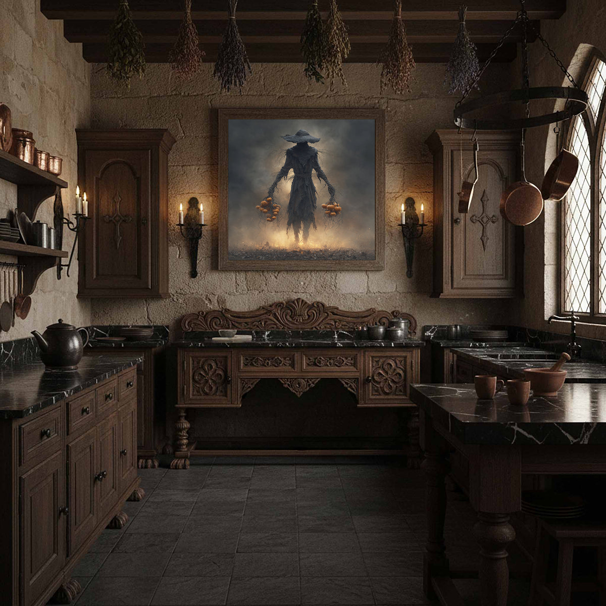 Dark Fantasy Scarecrow Canvas Art – styled room view 10