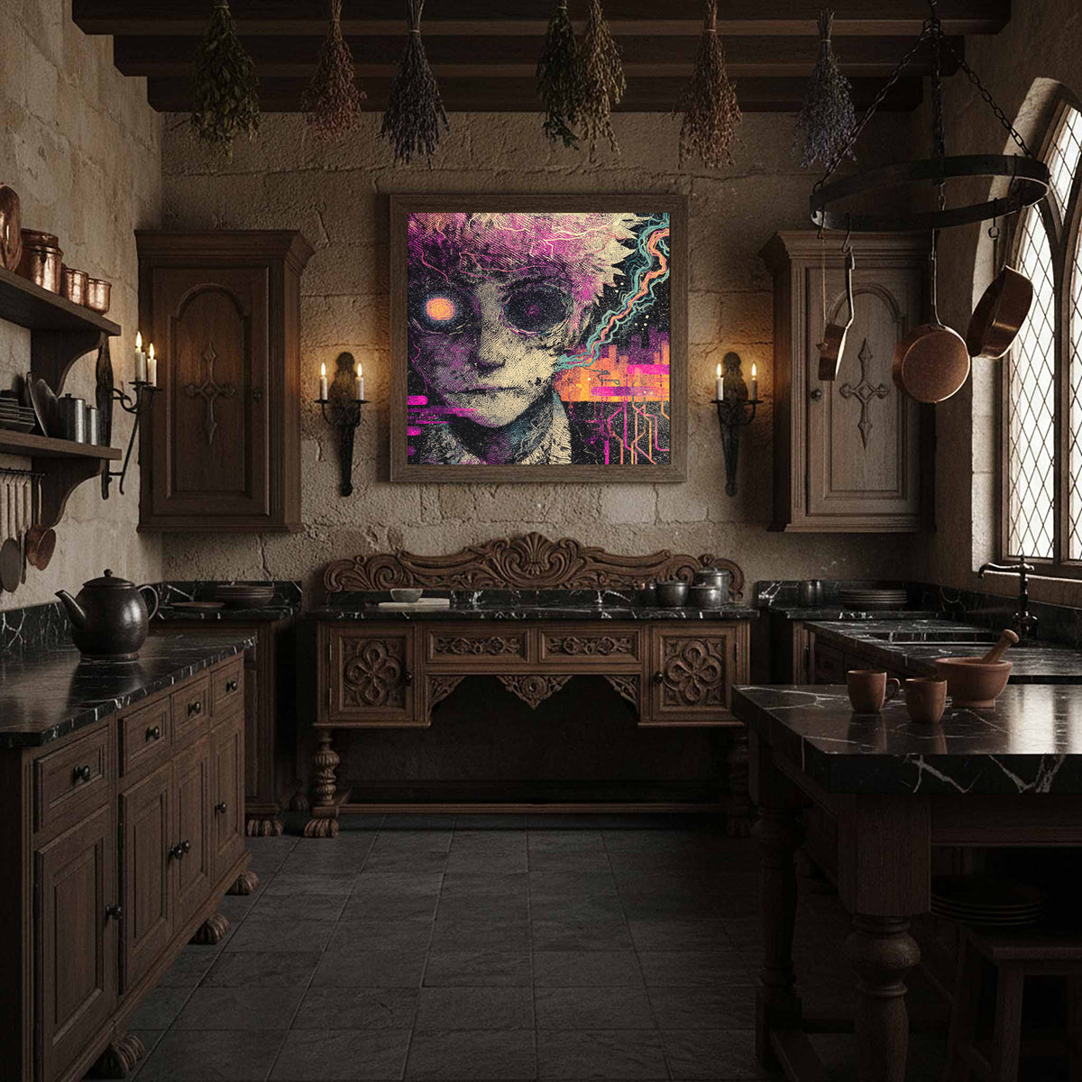 Surreal Cyberpunk Face Canvas Wall Art – styled room view 10