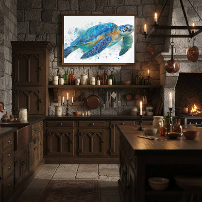 Blue Sea Turtle Watercolor Canvas Print – styled room view 12