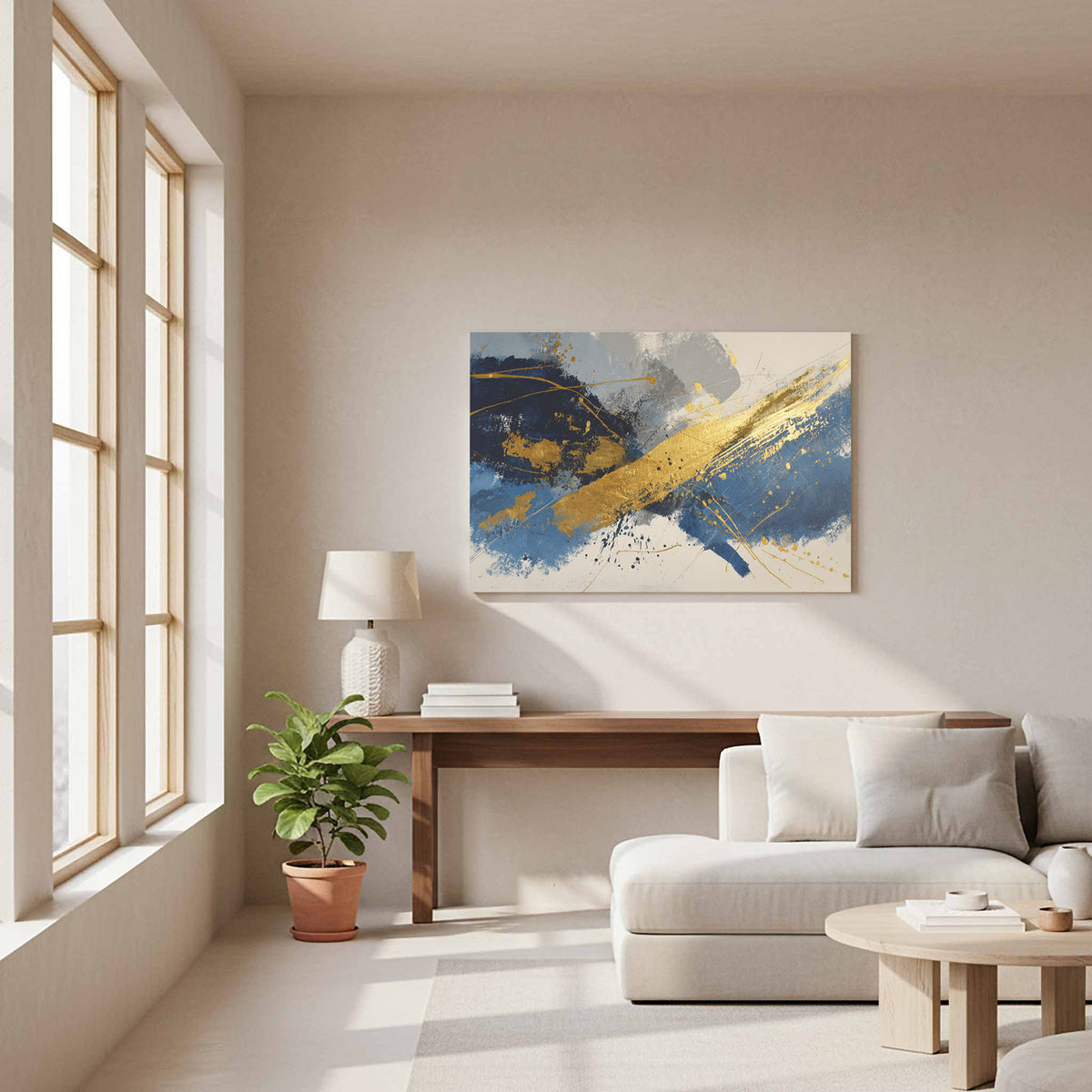 Abstract Gold Blue Canvas Wall Art – styled room view 11