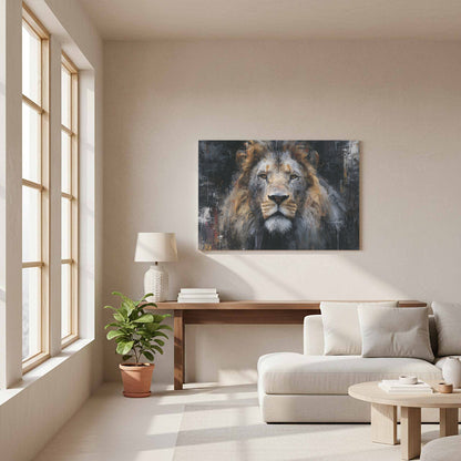 Modern Lion Portrait Canvas Wall Art – styled room view 11