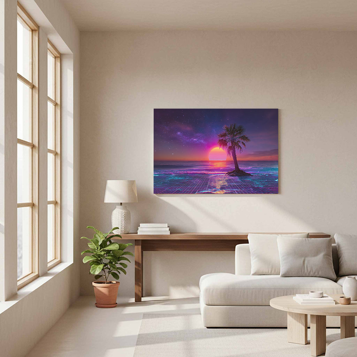 Synthwave Palm Beach Canvas Print – styled room view 11