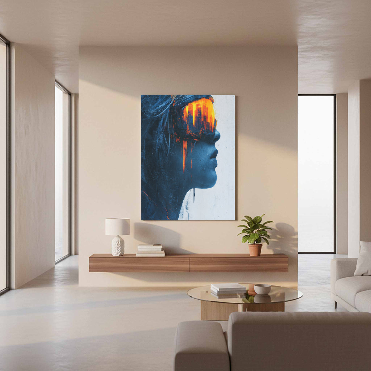 Futuristic Woman Portrait Canvas – styled room view 11