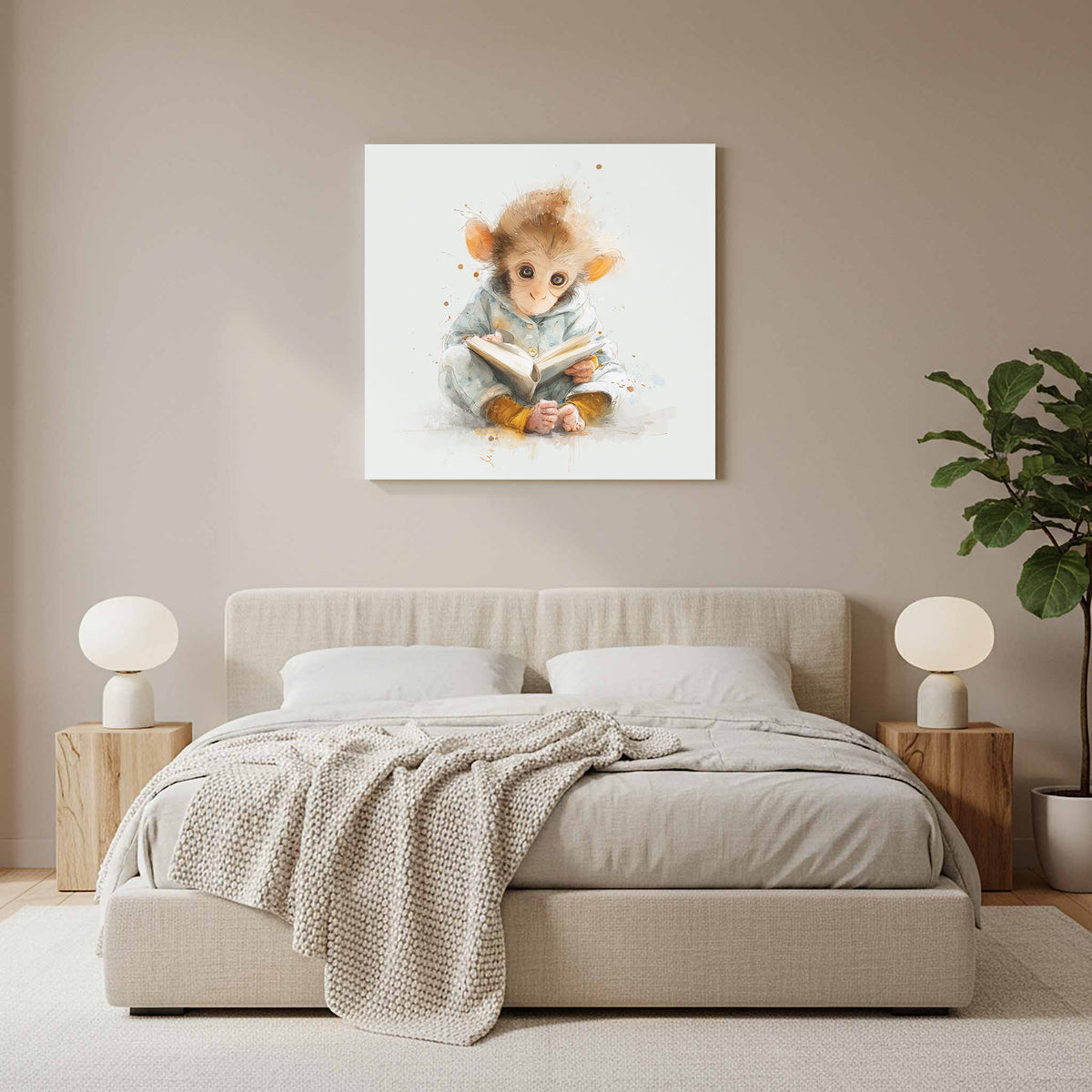 Baby Monkey Reading Wall Art – styled room view 12