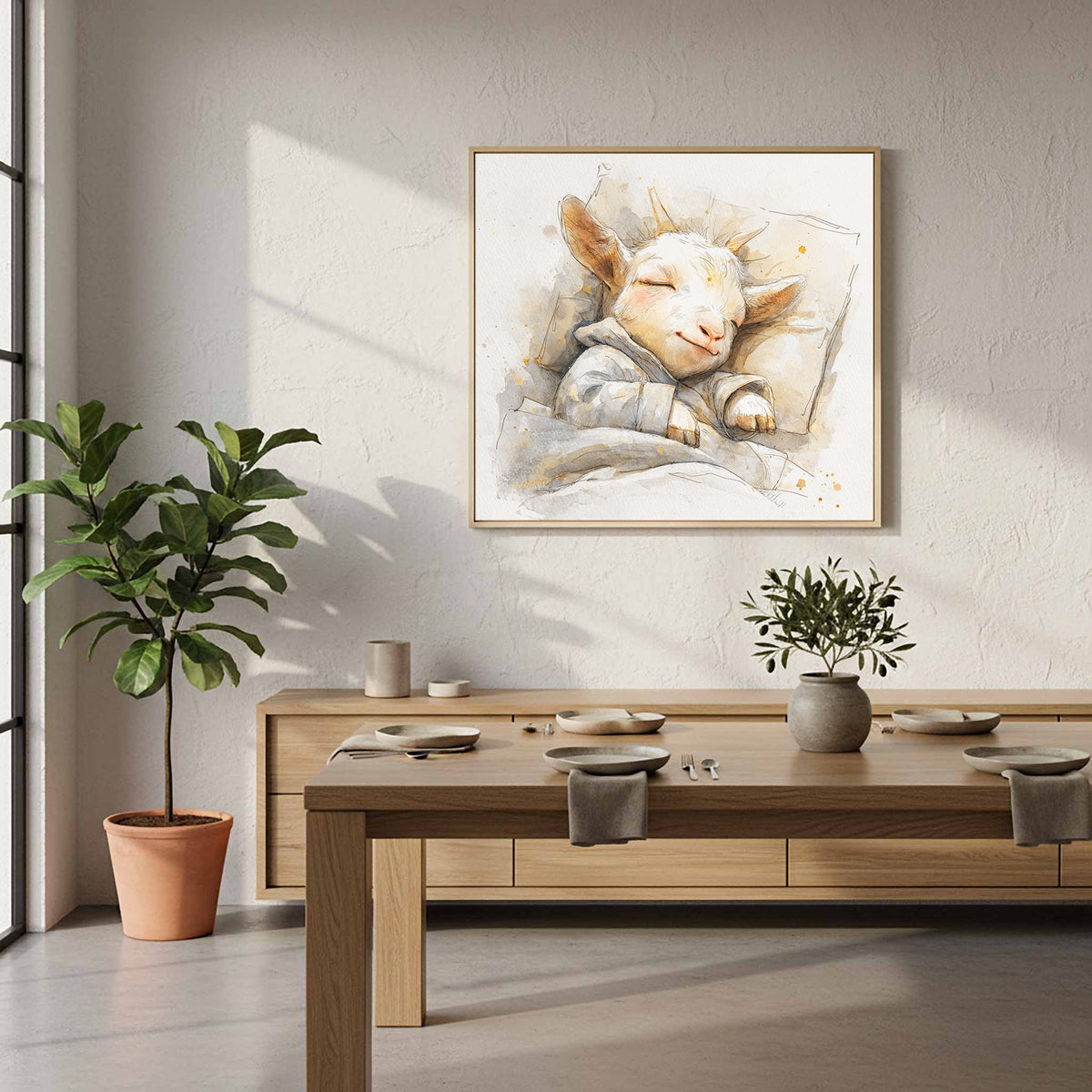 Sleeping Baby Goat Canvas Art – styled room view 12