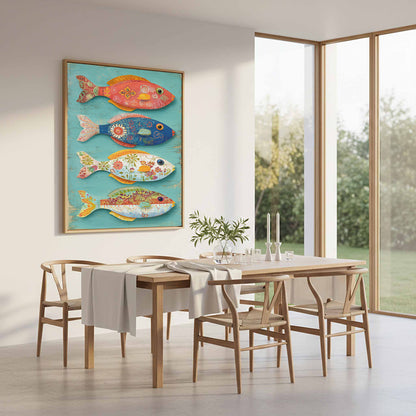 Colorful Folk Art Fish Wall Print – styled room view 10