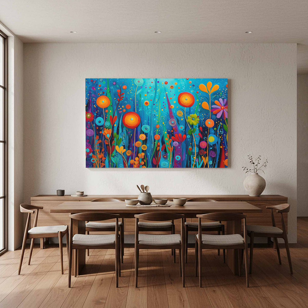 Colorful Abstract Garden Canvas Art – styled room view 12