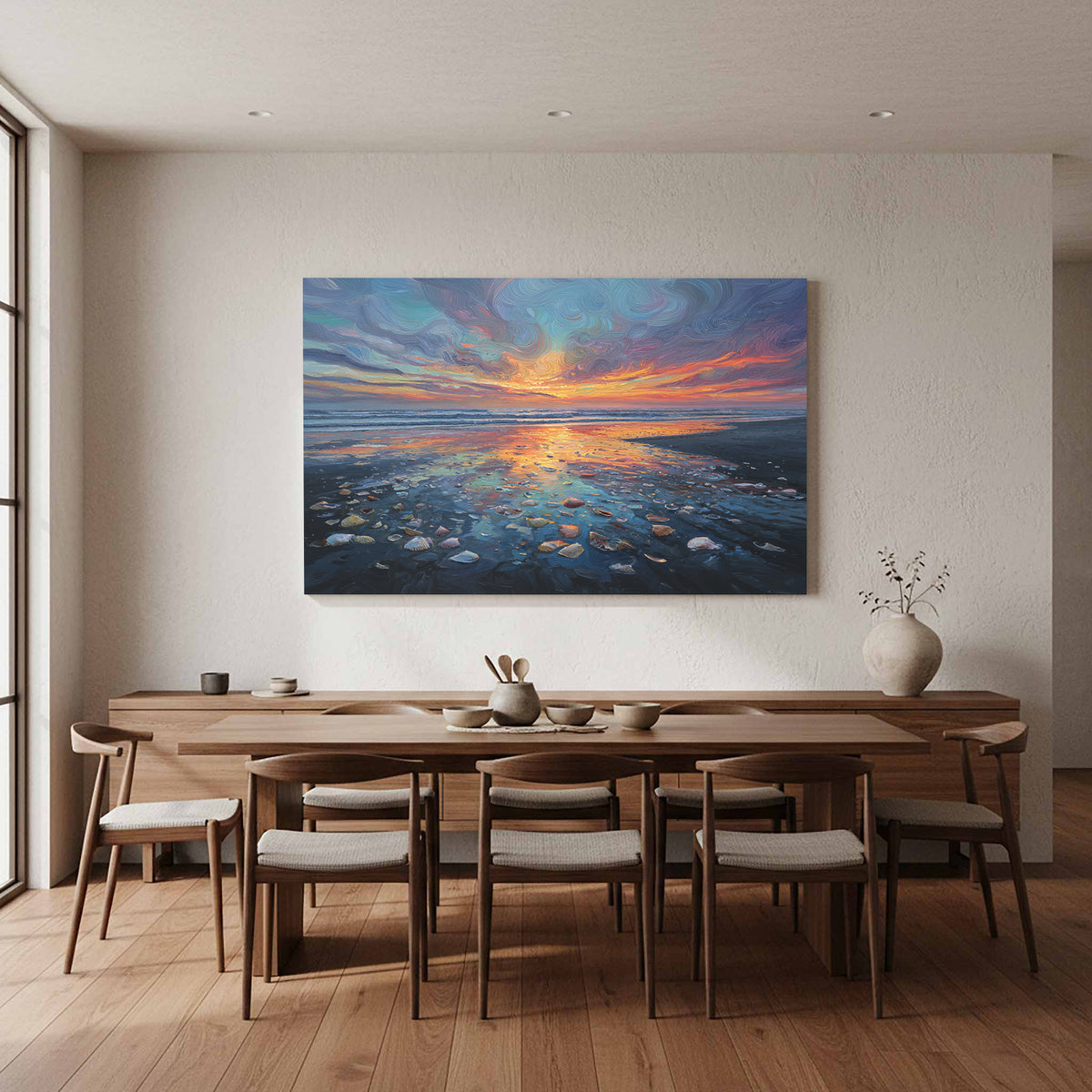 Sunset Beach Oil Painting Canvas Print – styled room view 11