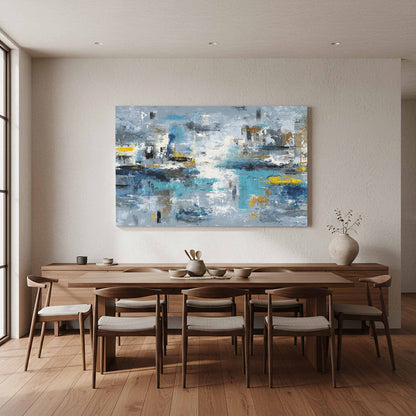 Abstract Blue Gray Canvas Wall Art – styled room view 11