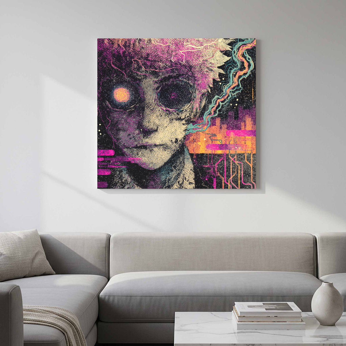 Surreal Cyberpunk Face Canvas Wall Art – styled room view 11
