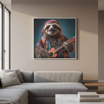 Hippie Sloth Guitar Canvas Art – styled room view 10