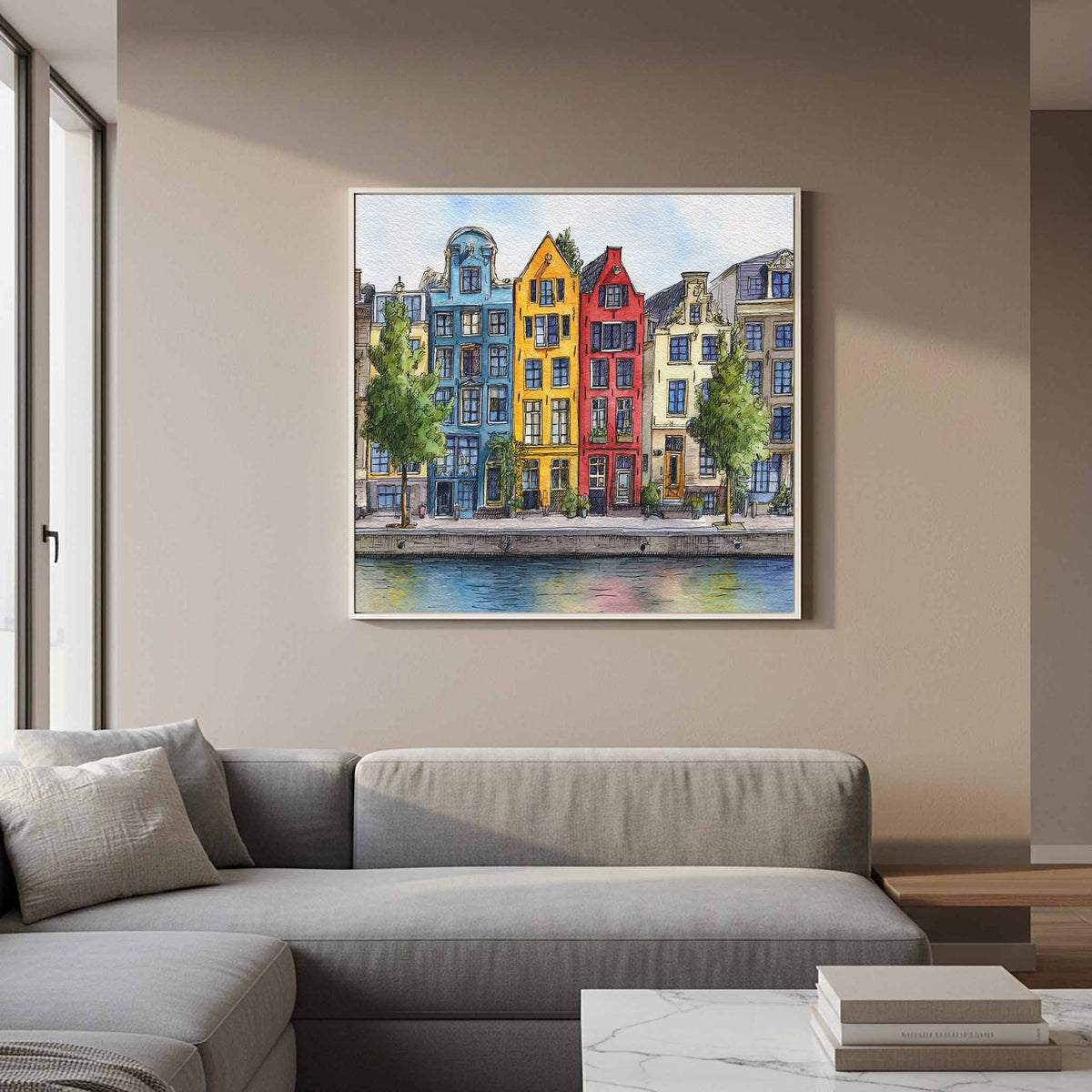 Amsterdam Canal Houses Watercolor Print – styled room view 11