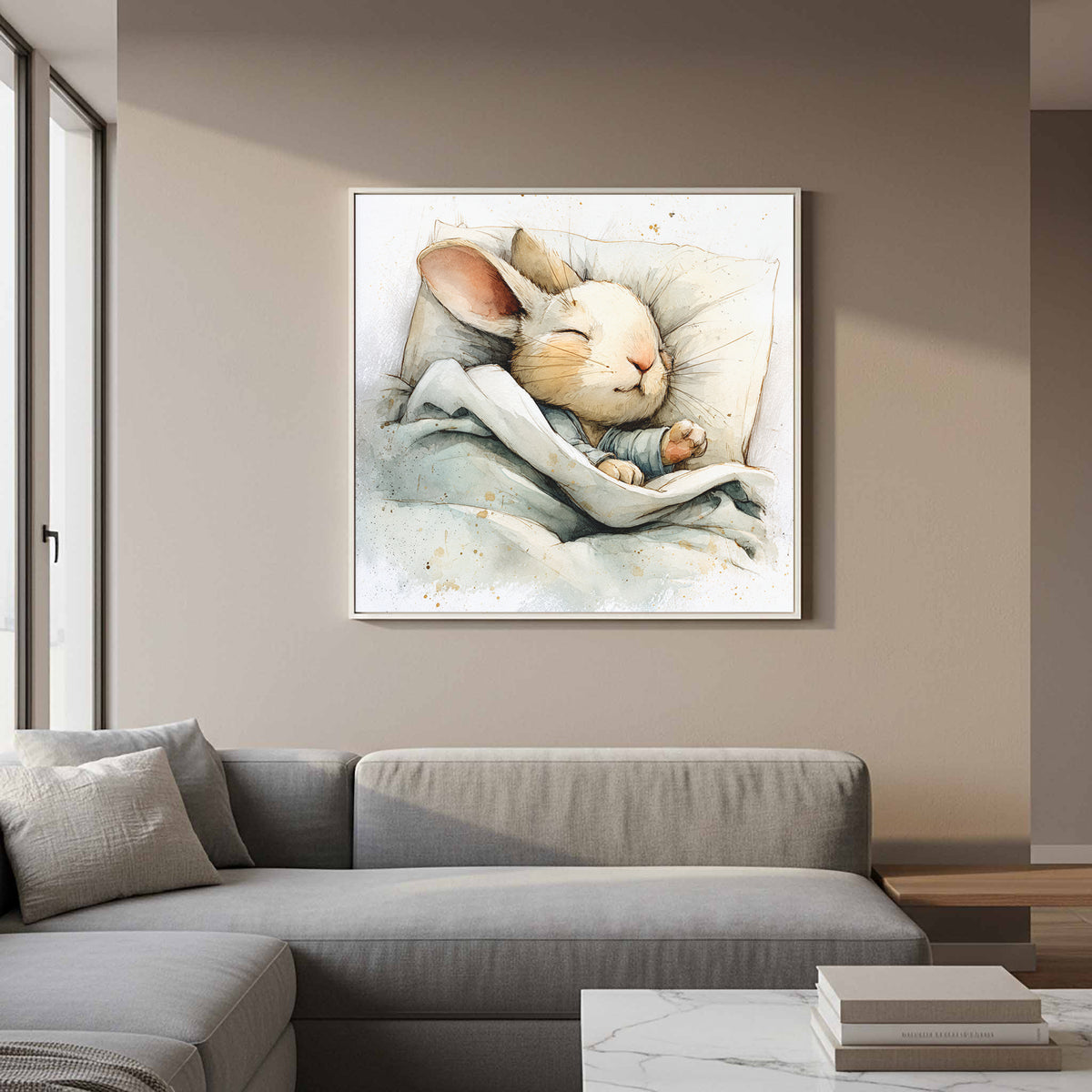 Sleeping Rabbit Canvas Print – styled room view 12