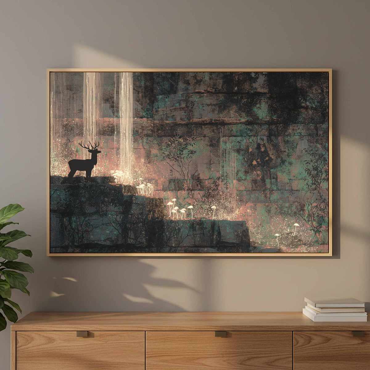 Cave Art Deer Silhouette Print – styled room view 10