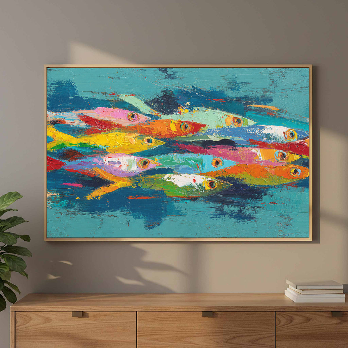 Abstract Fish School Canvas Art – styled room view 11
