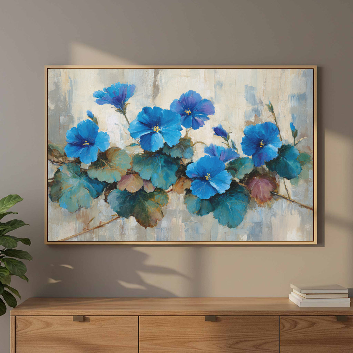 Blue Floral Canvas Wall Art – styled room view 11