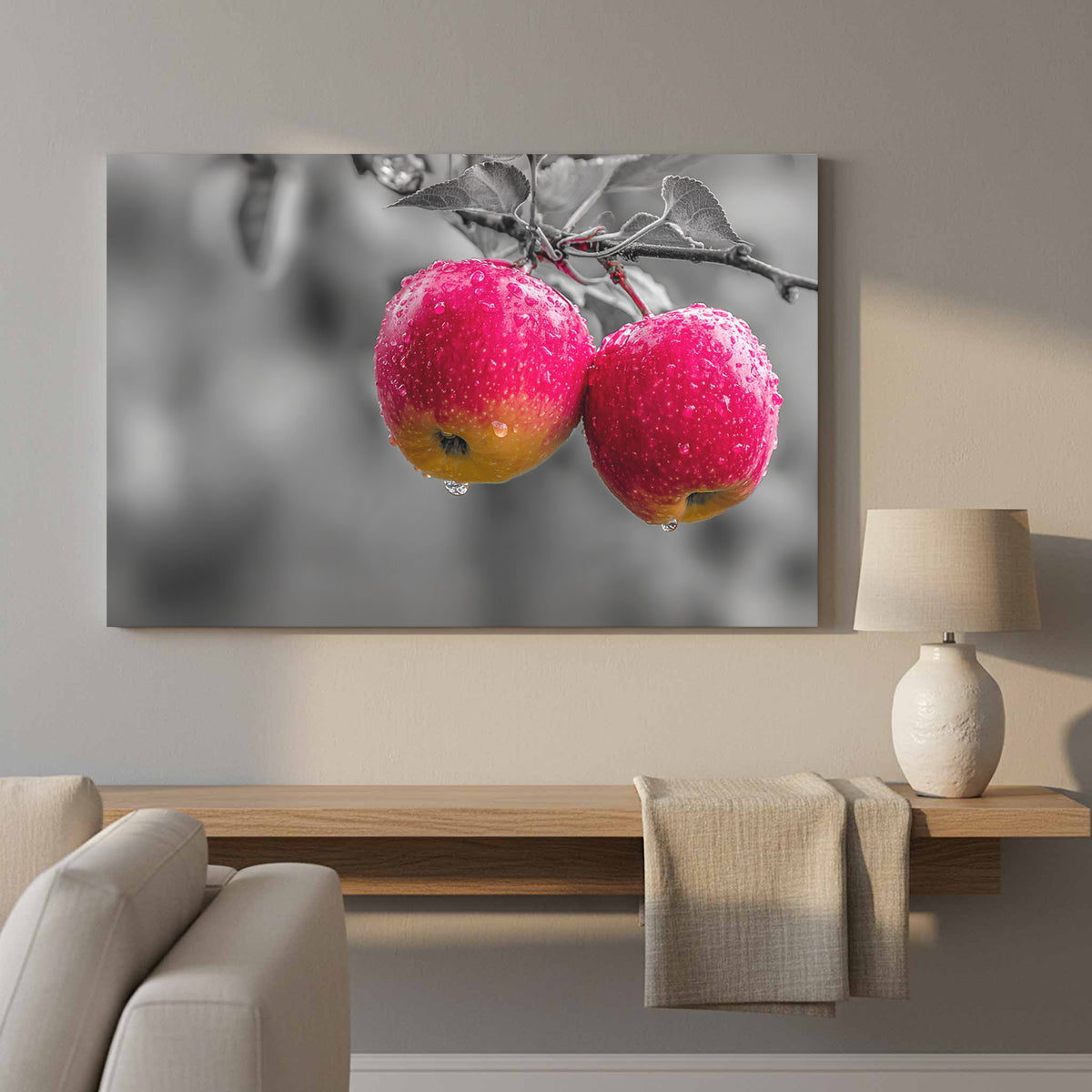 Red Apple Canvas Wall Art – styled room view 11