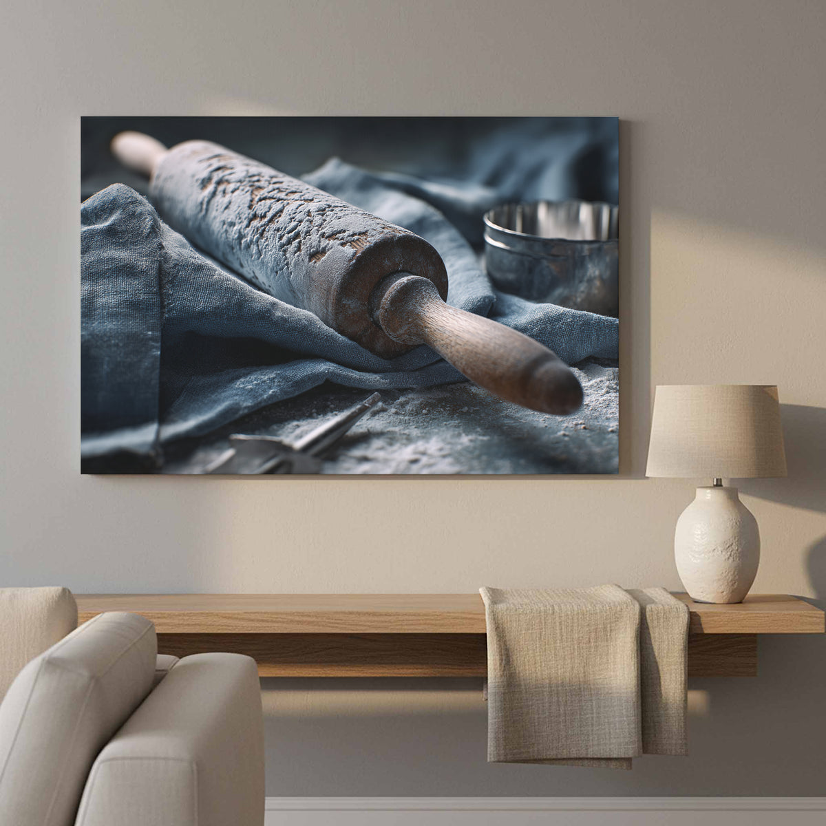 Rustic Kitchen Rolling Pin Canvas Art – styled room view 12