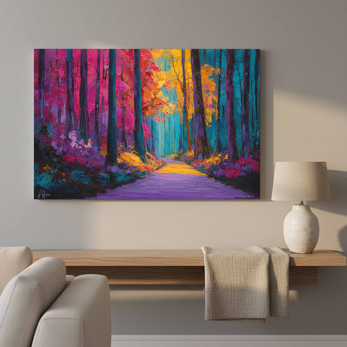 Abstract Forest Path Canvas Art – styled room view 11