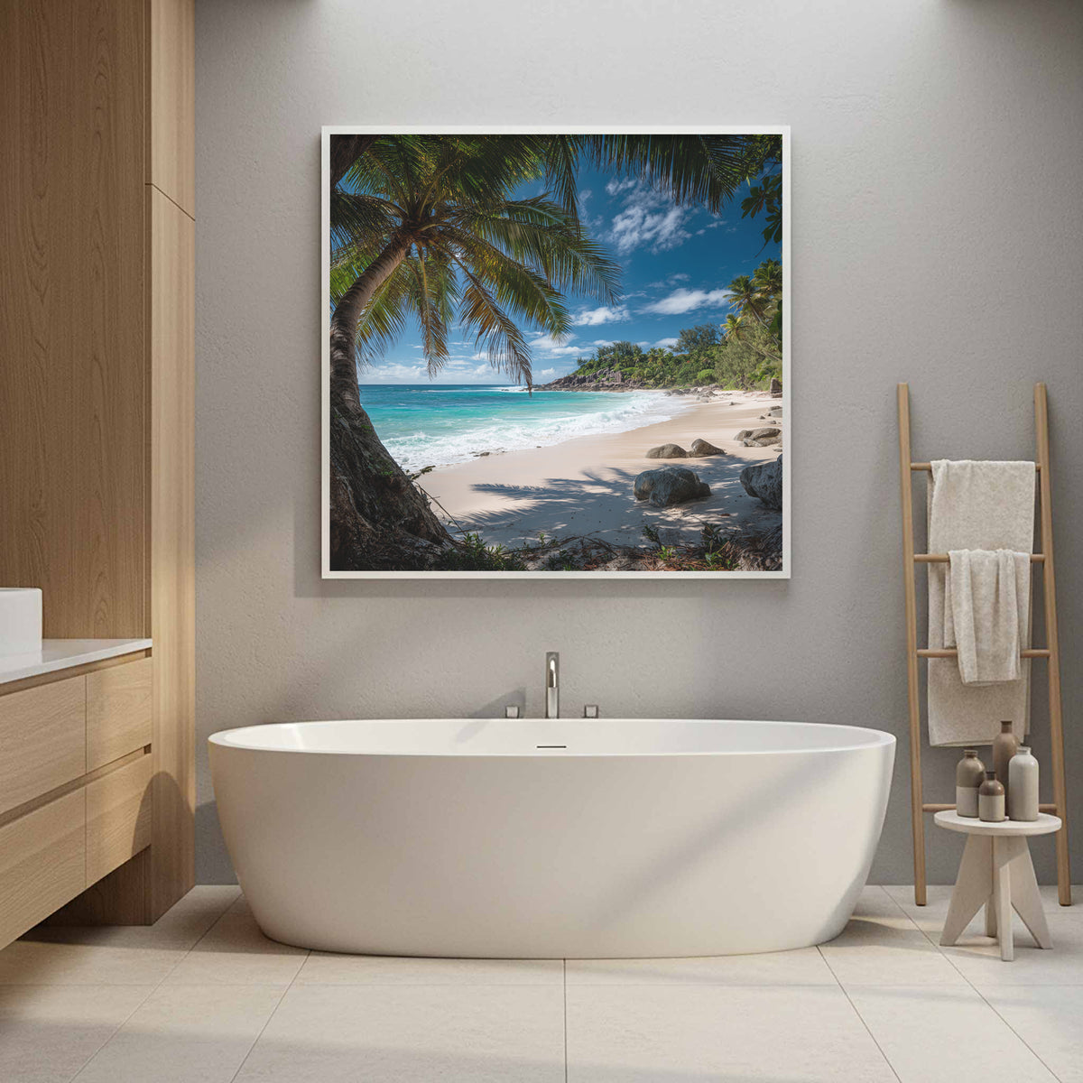 Tropical Beach Palm Tree Canvas Wall Art – styled room view 10