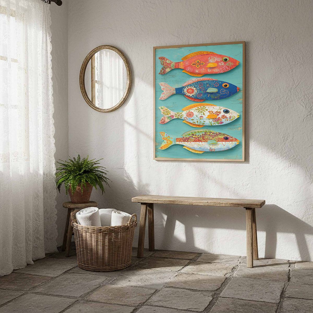 Colorful Folk Art Fish Wall Print – styled room view 11