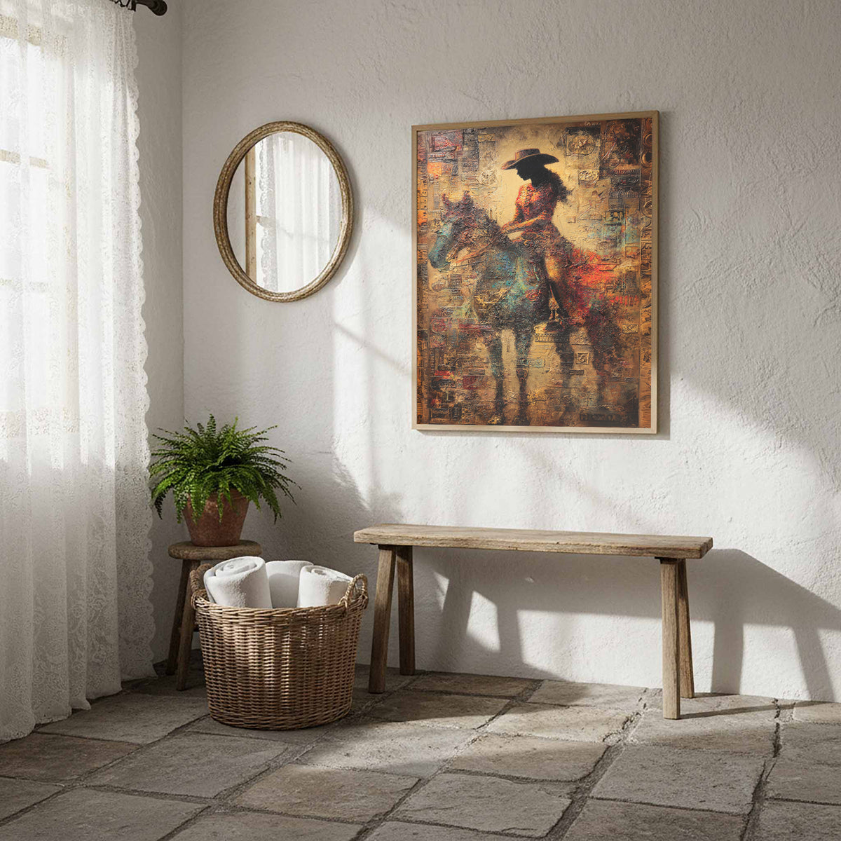 Western Cowgirl Abstract Canvas Wall Art – styled room view 11
