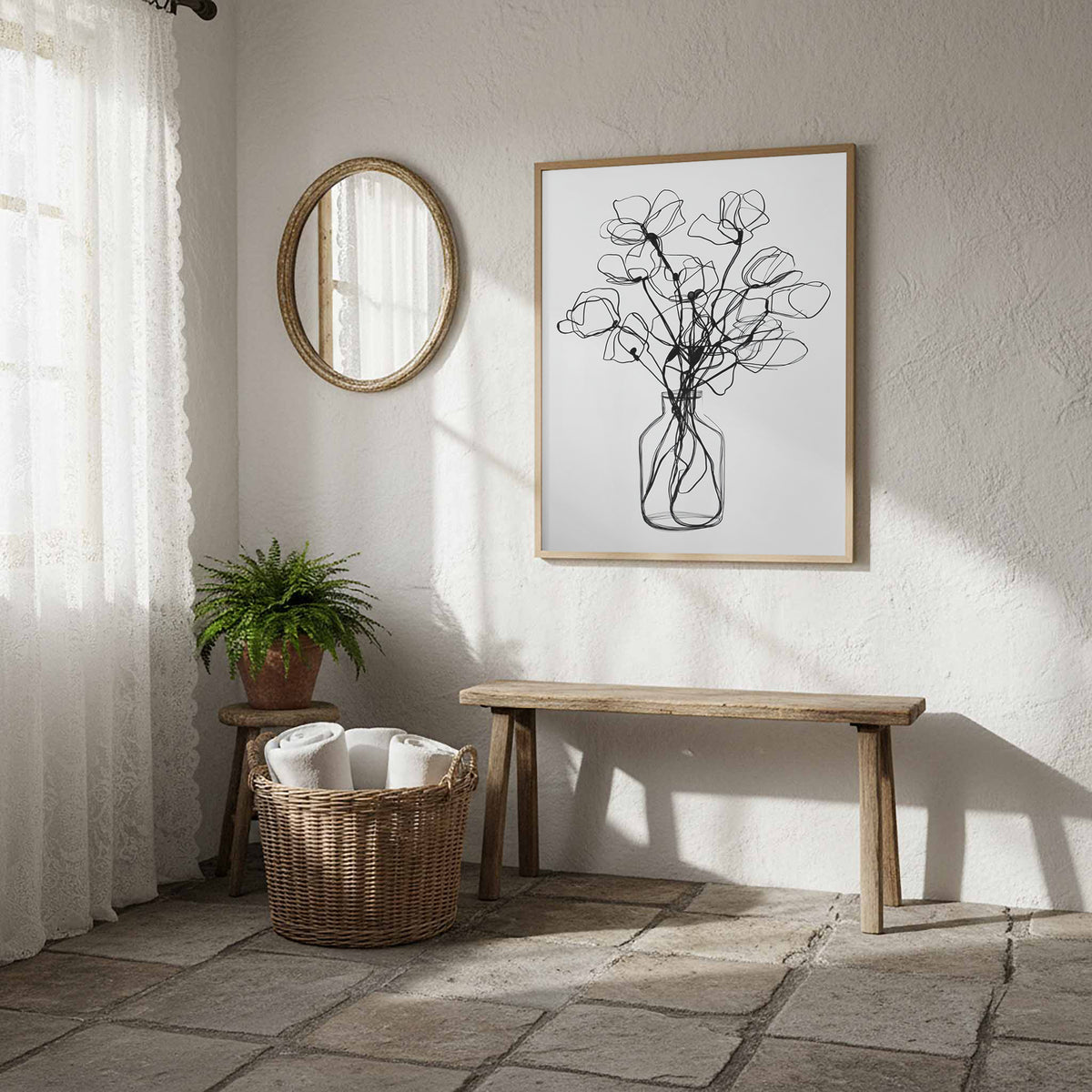 Minimalist Line Art Floral Print – styled room view 10