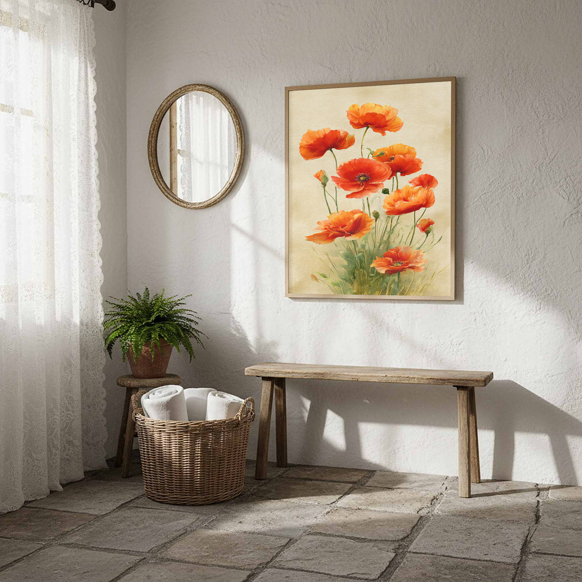 Red Poppy Watercolor Canvas Art – styled room view 11