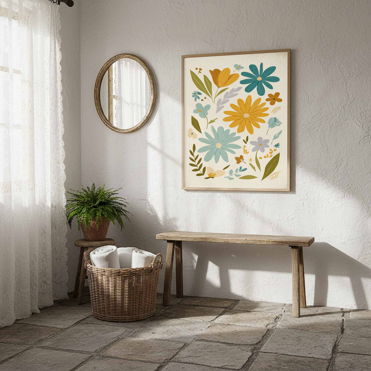 Mid-Century Modern Floral Wall Art – styled room view 12