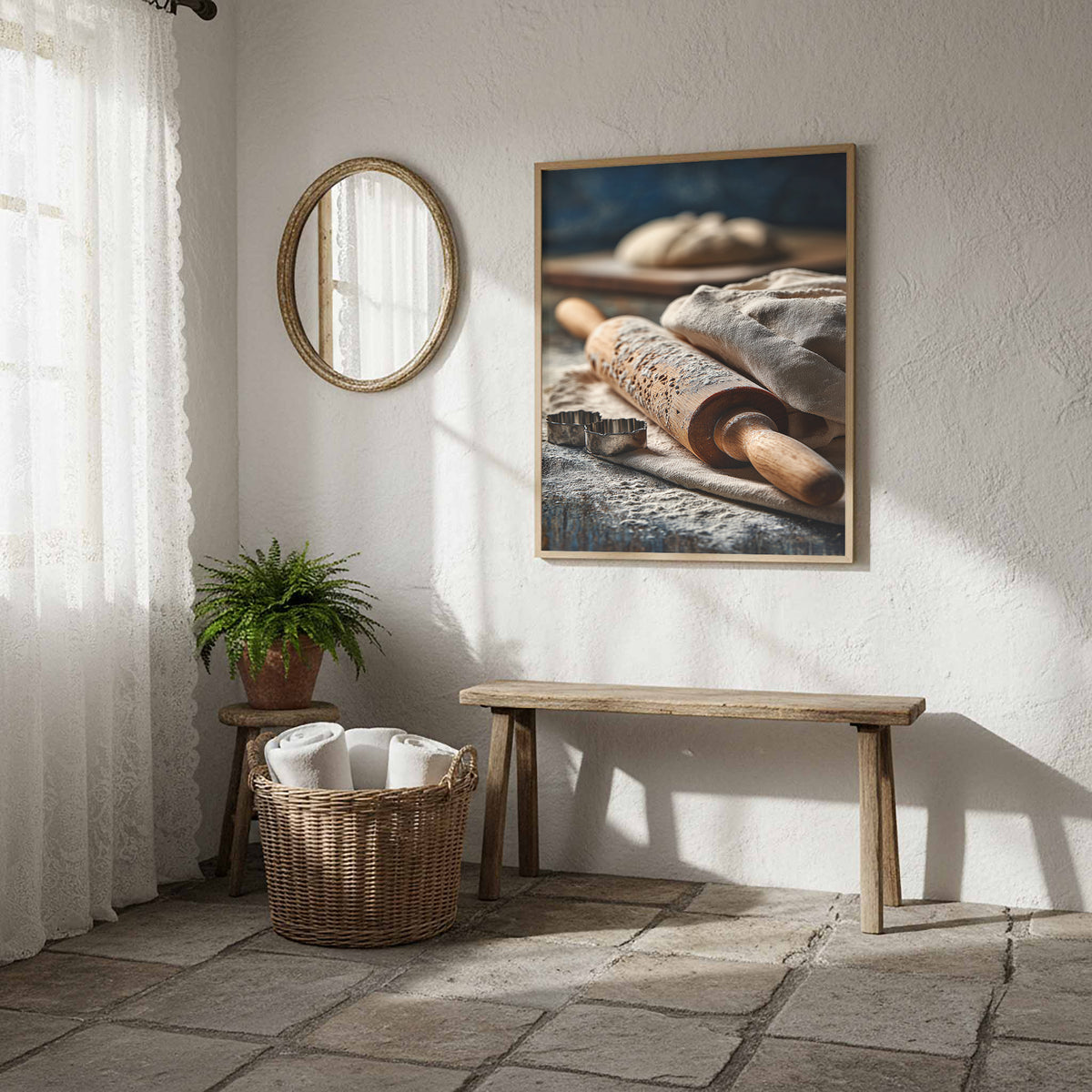Rustic Kitchen Baking Canvas Art – styled room view 9
