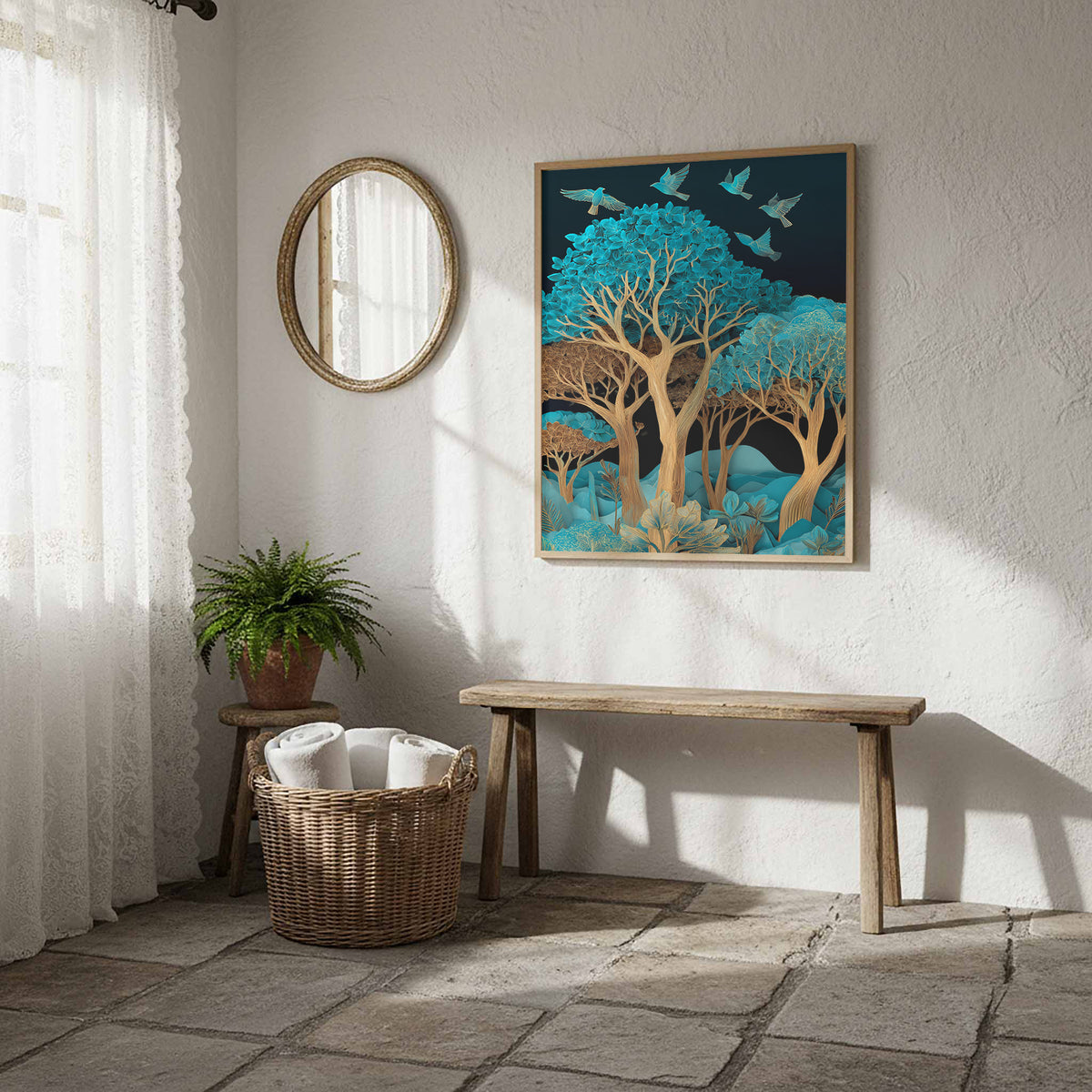 Turquoise Paper Cut Art Canvas Print – styled room view 12